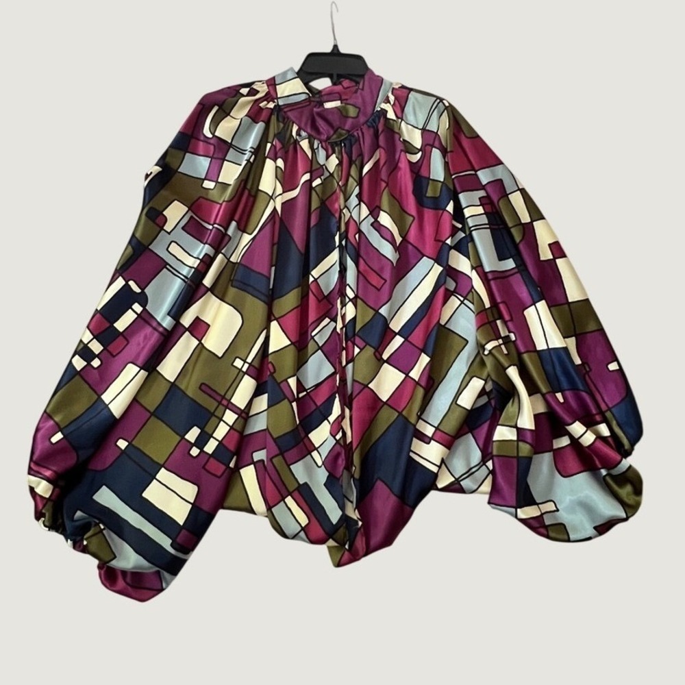Karen T. Design Blouse Multicolor Geometric Abstract Balloon Sleeve 2X